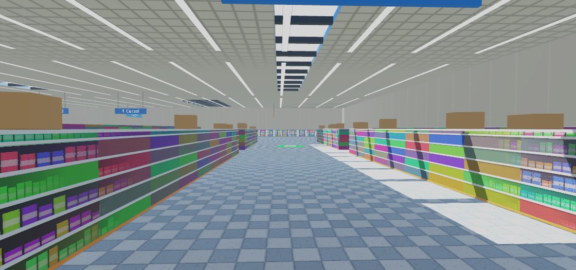 Racing down a FloppaMart supermarket aisle